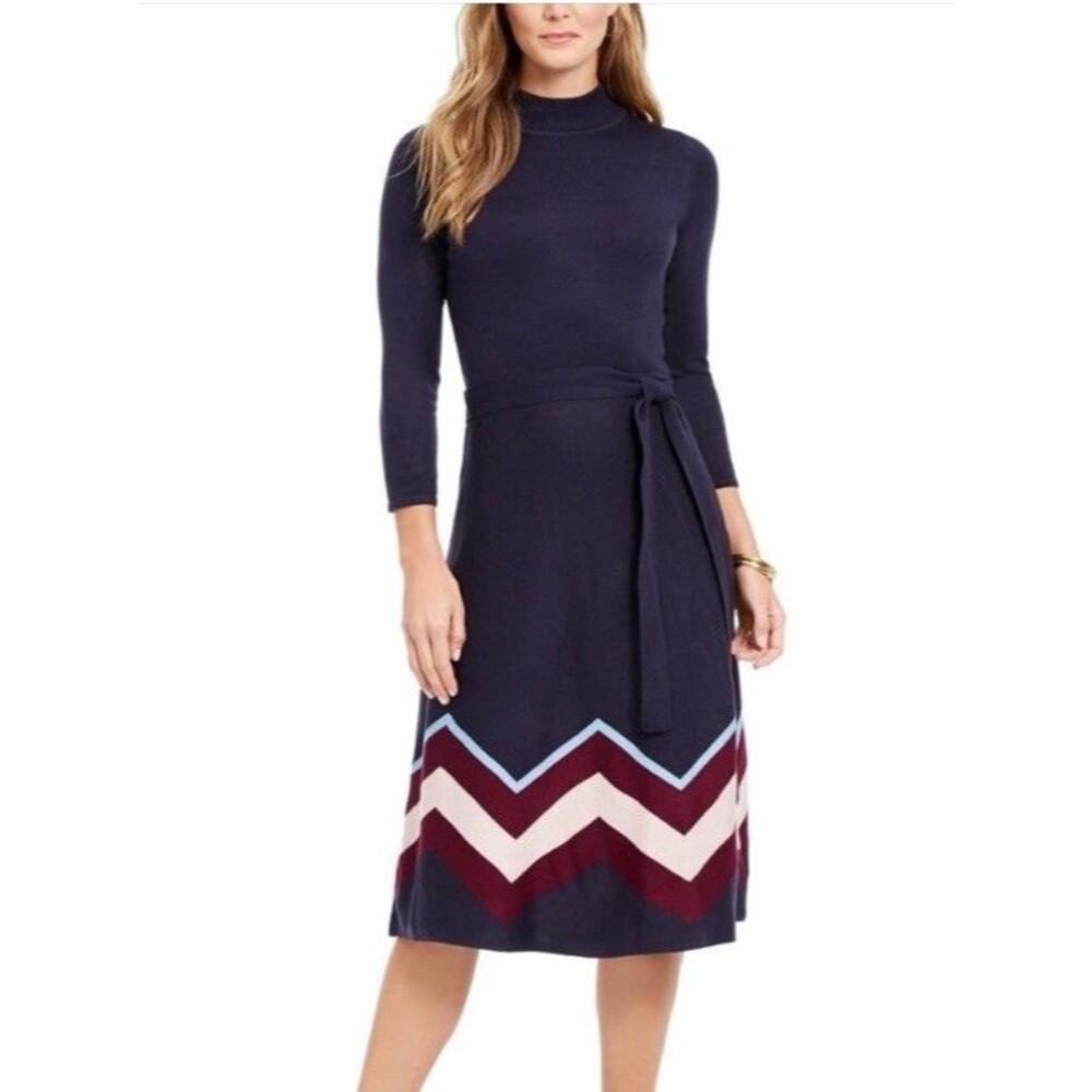 Vince Camuto Navy Chevron Mock Neck Sweater Dress Womens Size Small NWT
